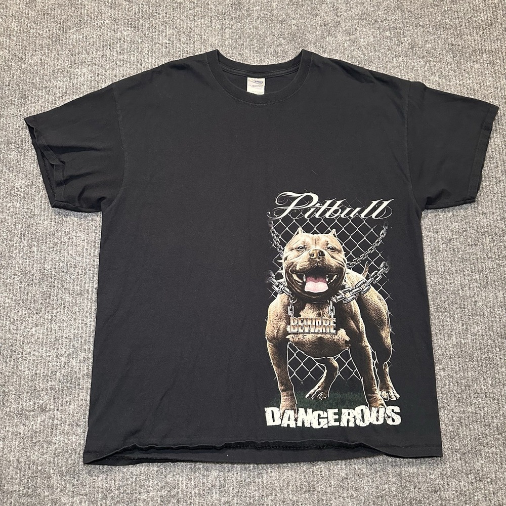 Y2K Dangerous Pitbull‎ T-Shirt Adult Sz XL Black Double Sided Graphic Dog Print